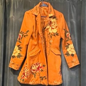 Embroidered women’s silk lined peacoat orange statement jacket